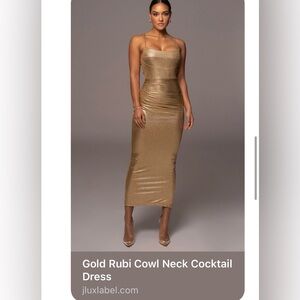 JLUXLABEL Gold Rubi Cowl Neck Cocktail Dress in XS